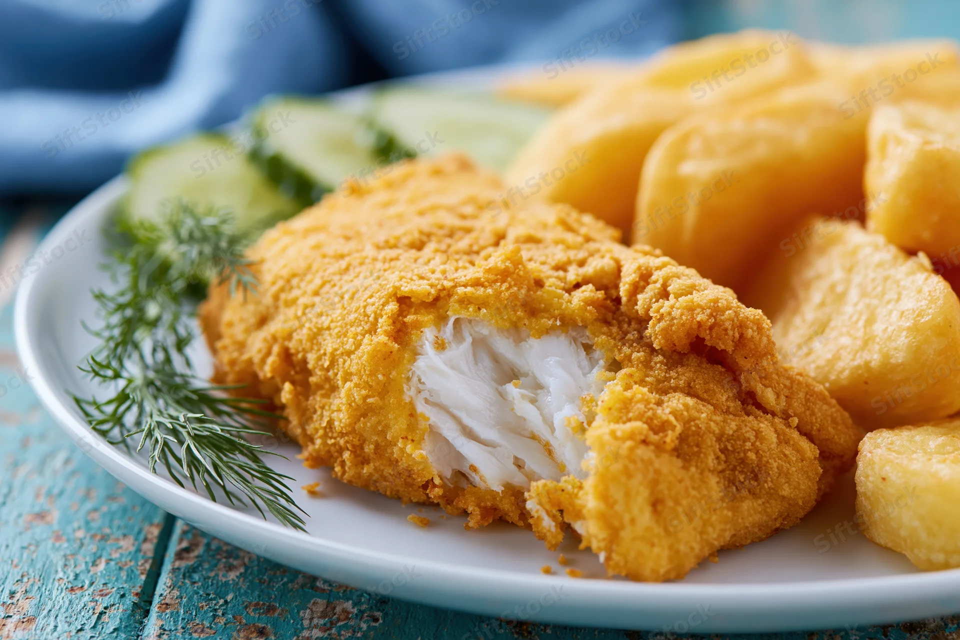 Golden breaded fish fillet with crispy crust cut open to reveal white meat served with chips and cucumber on a white plate on a blue wooden table