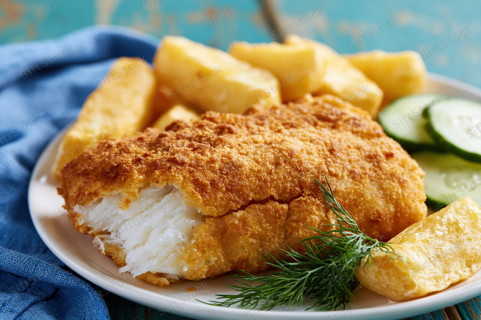 Golden breaded fish fillet with chips and cucumber on a white plate