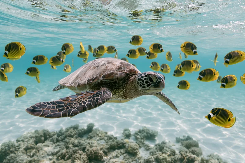 Green sea turtle swimming through shallow tropical water with butterflyfish above coral reef