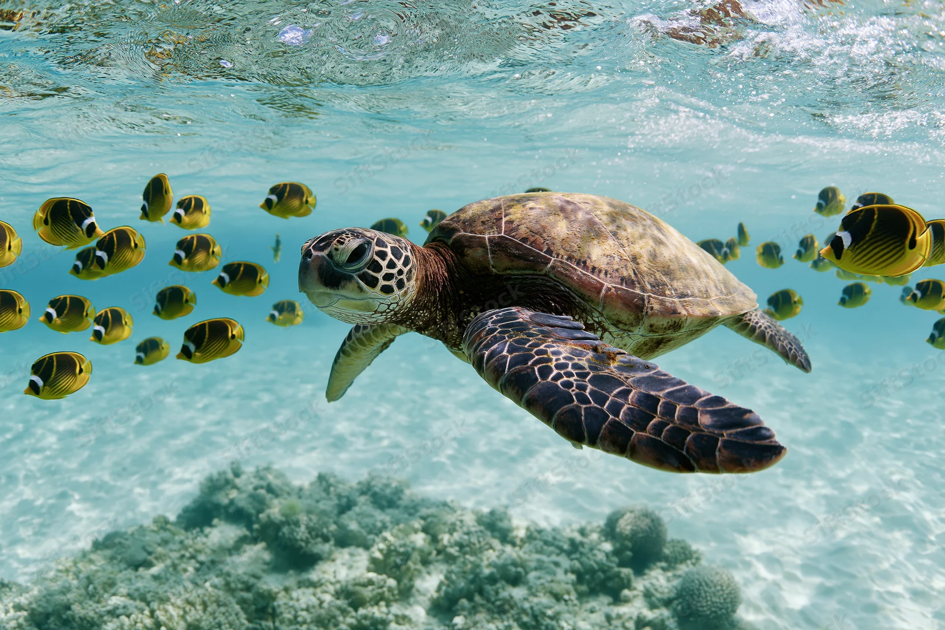 Green sea turtle gliding through shallow tropical water with butterflyfish and coral reef below