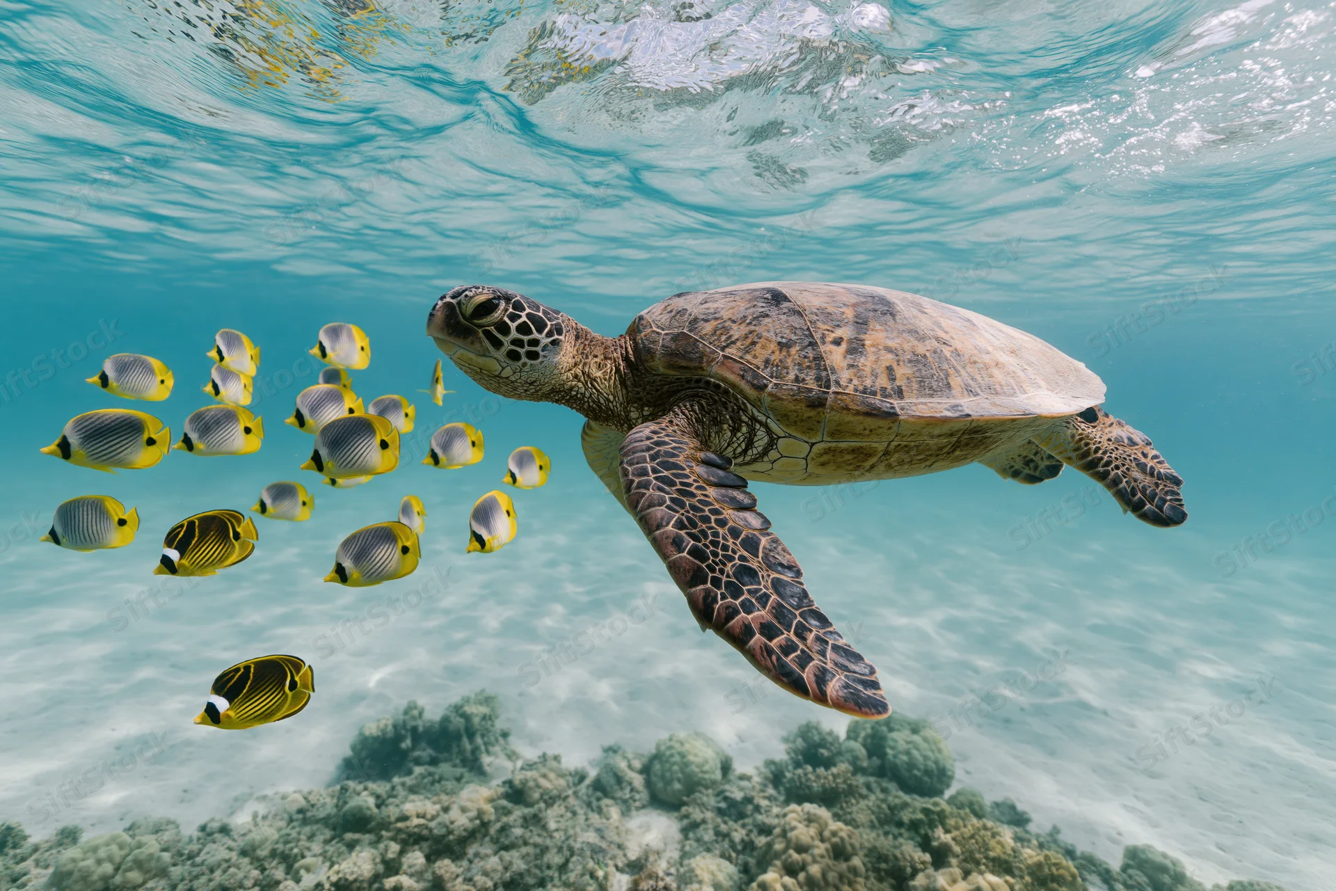 Sea turtle gliding through shallow tropical water above coral reef with school of butterflyfish
