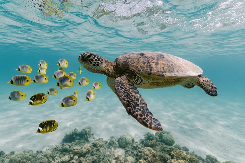 Sea turtle gliding through shallow tropical water above coral reef with school of butterflyfish