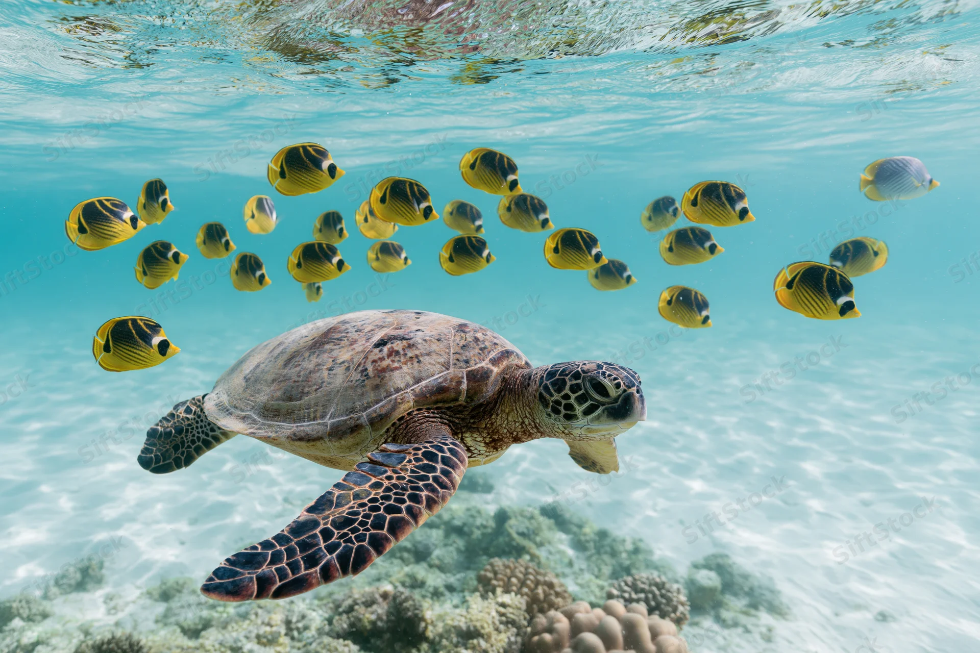 Sea turtle swimming in shallow tropical water above coral reef with butterflyfish school