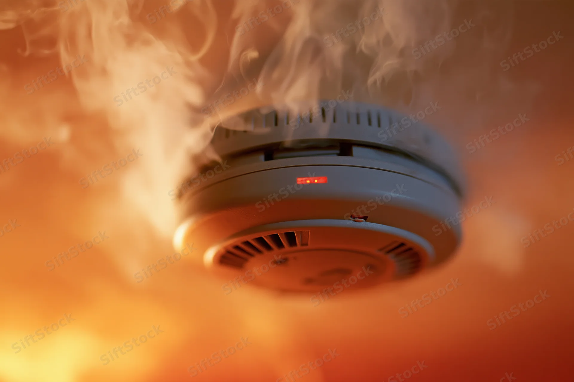 Smoke detector mounted on ceiling with wispy smoke and red light glowing in orange haze