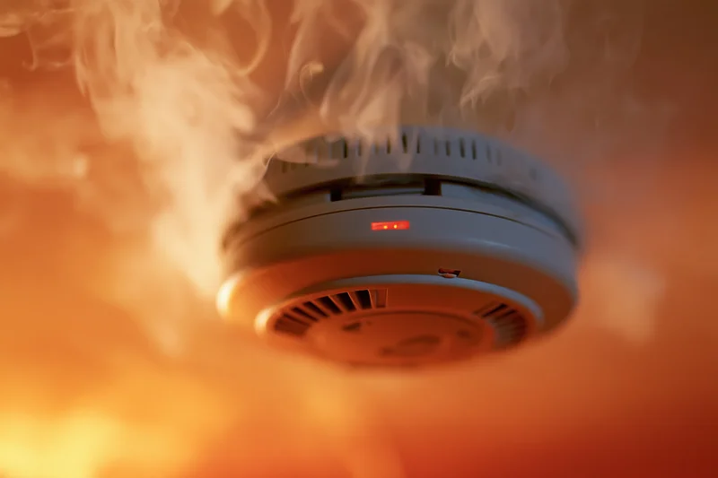 Smoke detector mounted on ceiling with wispy smoke and red light glowing in orange haze