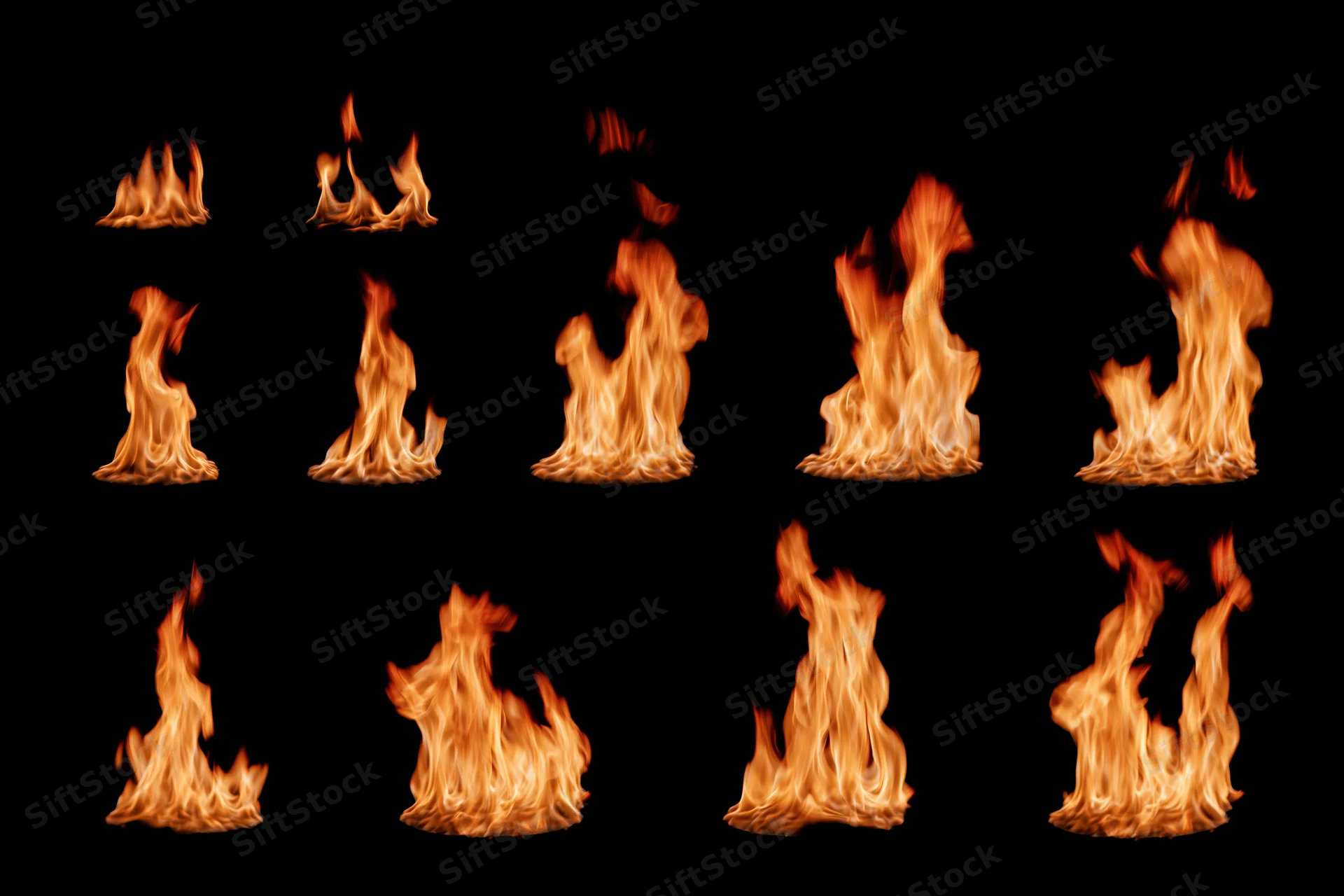 Grid of fire flames isolated on black background