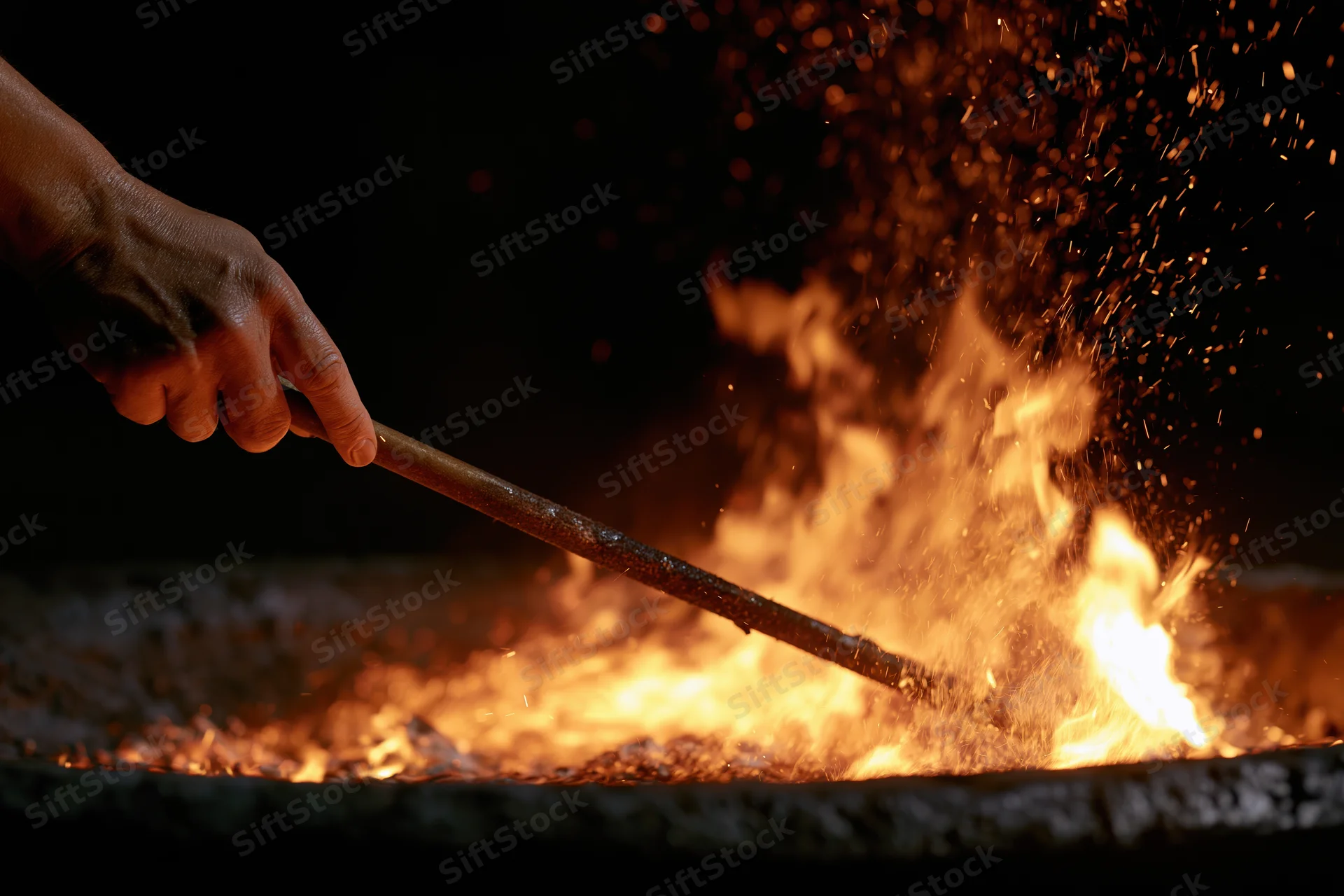 Hand stirring flames in a metal fire pit at night