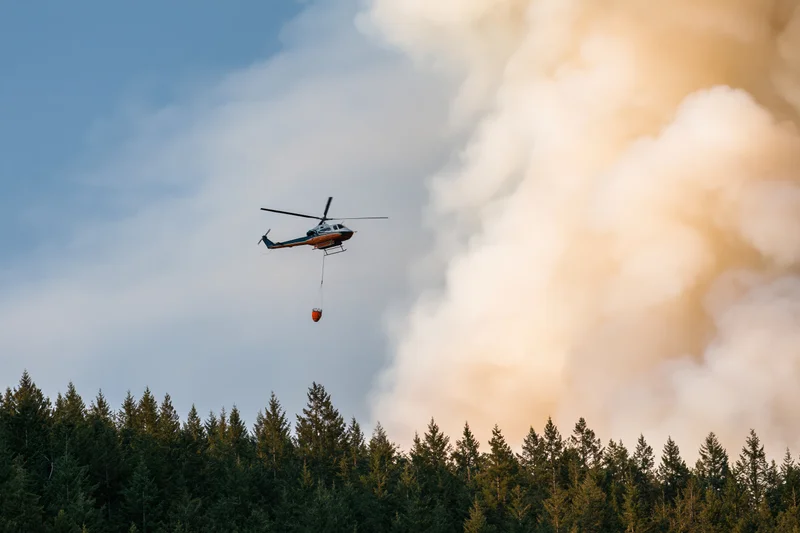 Helicopter carrying water bucket over forest with smoke rising