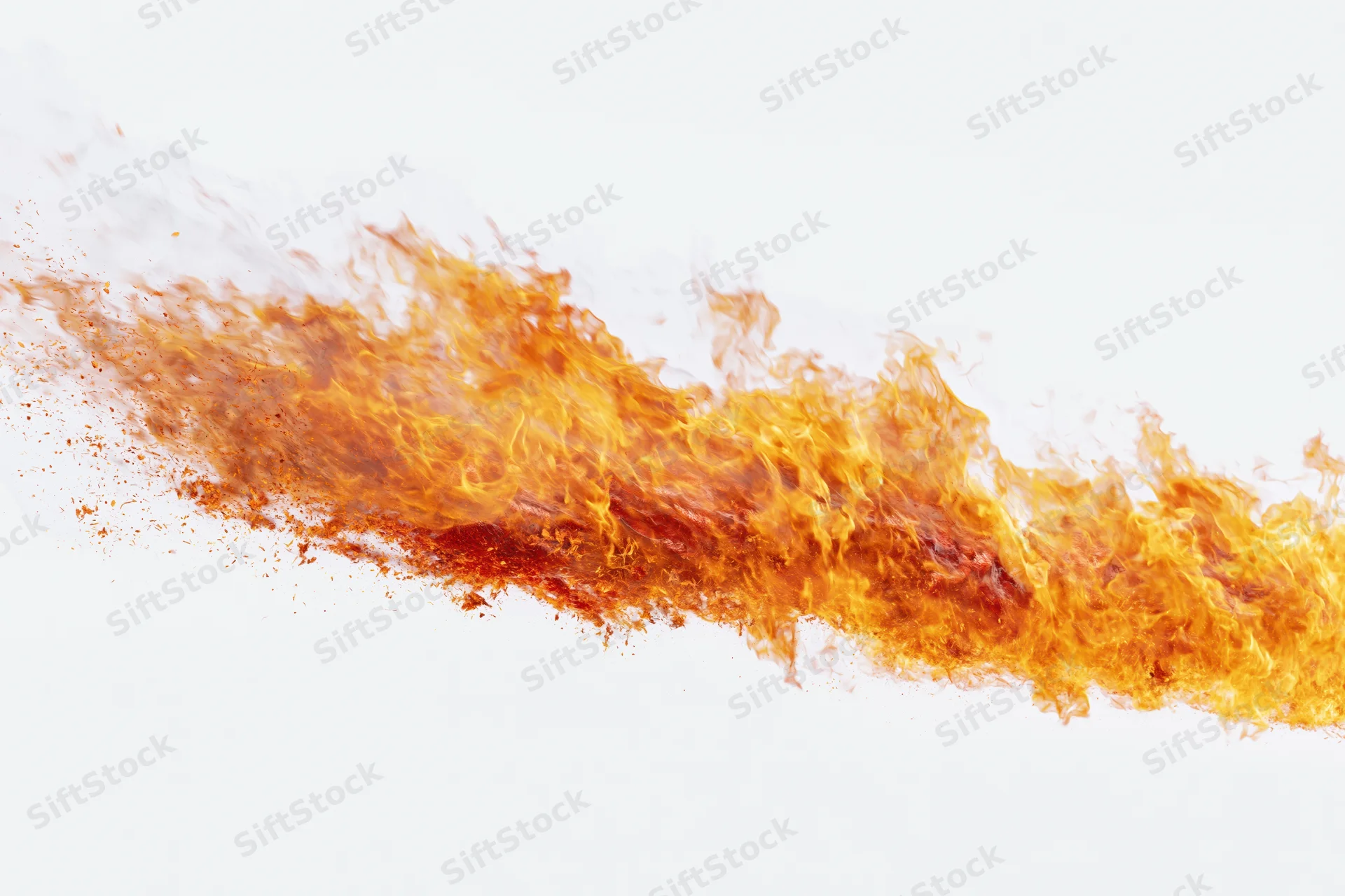 Horizontal burst of fire flames spreading low and wide on white background