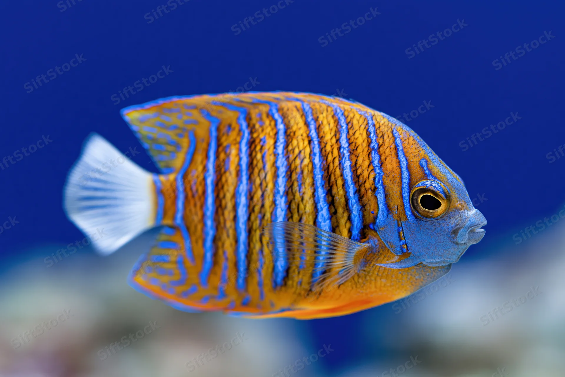 Juvenile blue-ringed angelfish swimming in profile against blue water