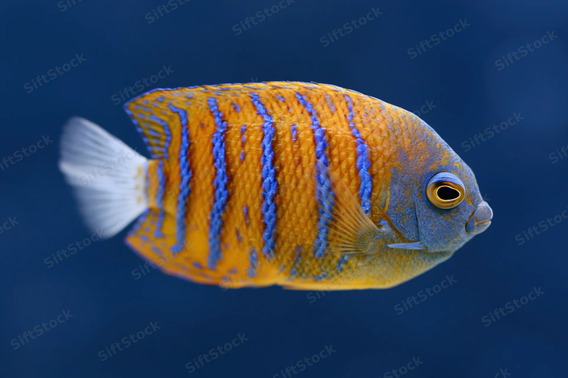 Juvenile blue-ringed angelfish swimming in profile against deep blue water