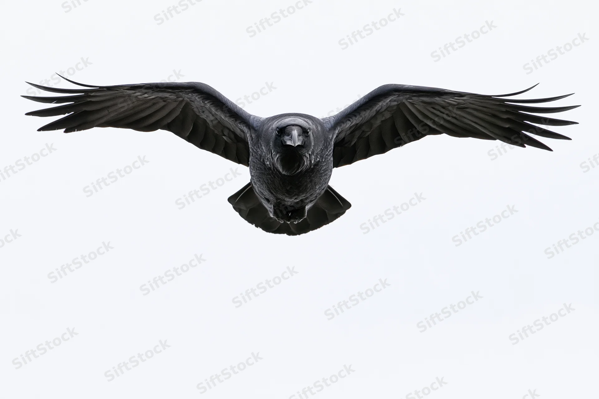 Raven in full wingspan gliding directly toward the camera against a white background