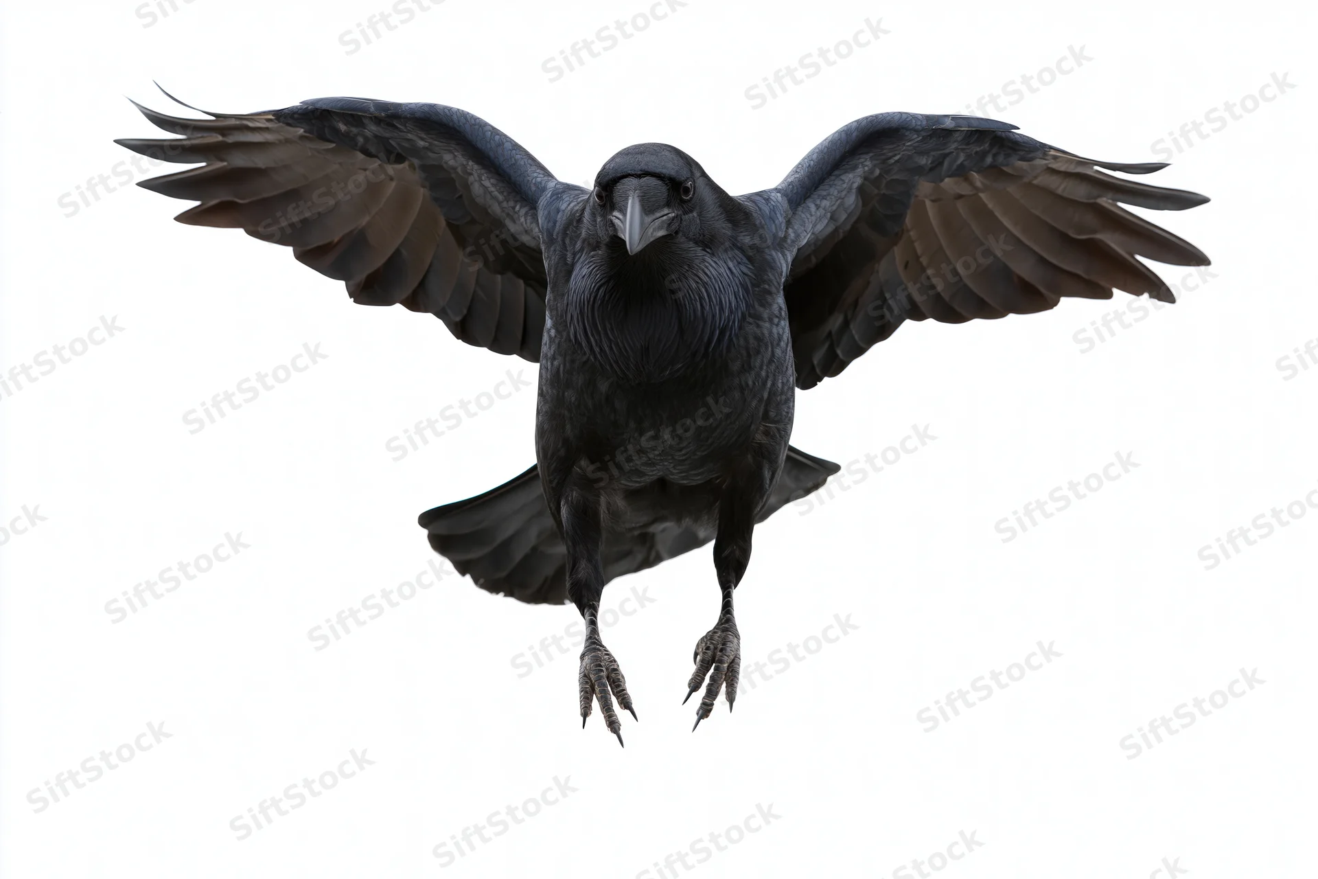 Raven in mid-flight with wings spread approaching head-on against white background