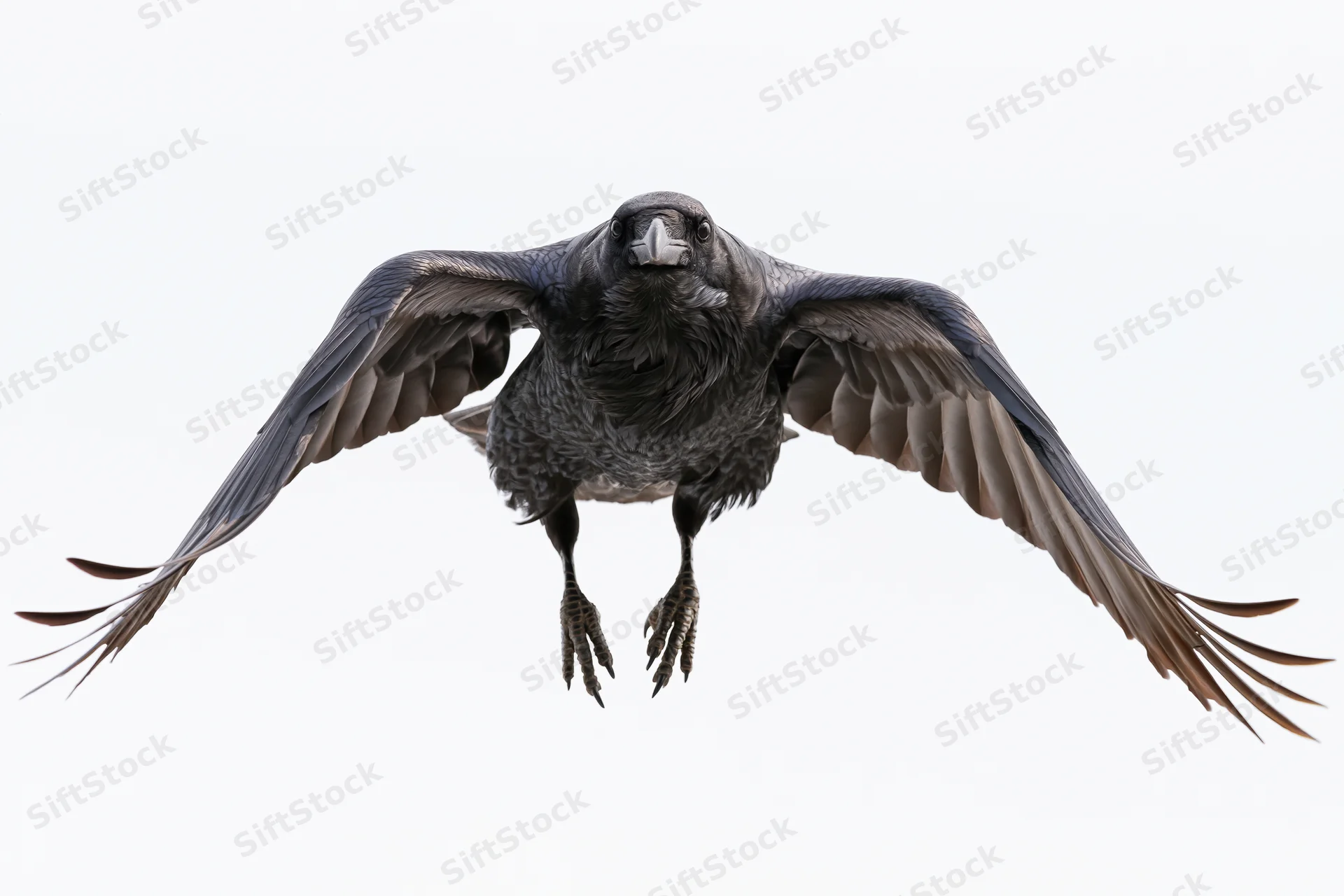 Raven in mid-flight approaching head-on with wings fully spread against white background