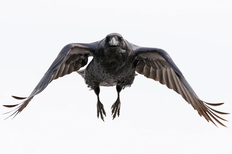 Raven in mid-flight approaching head-on with wings fully spread against white background