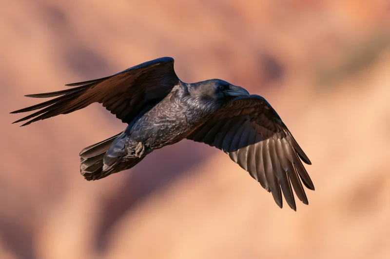 Raven gliding midair with wings fully spread over desert canyon backdrop