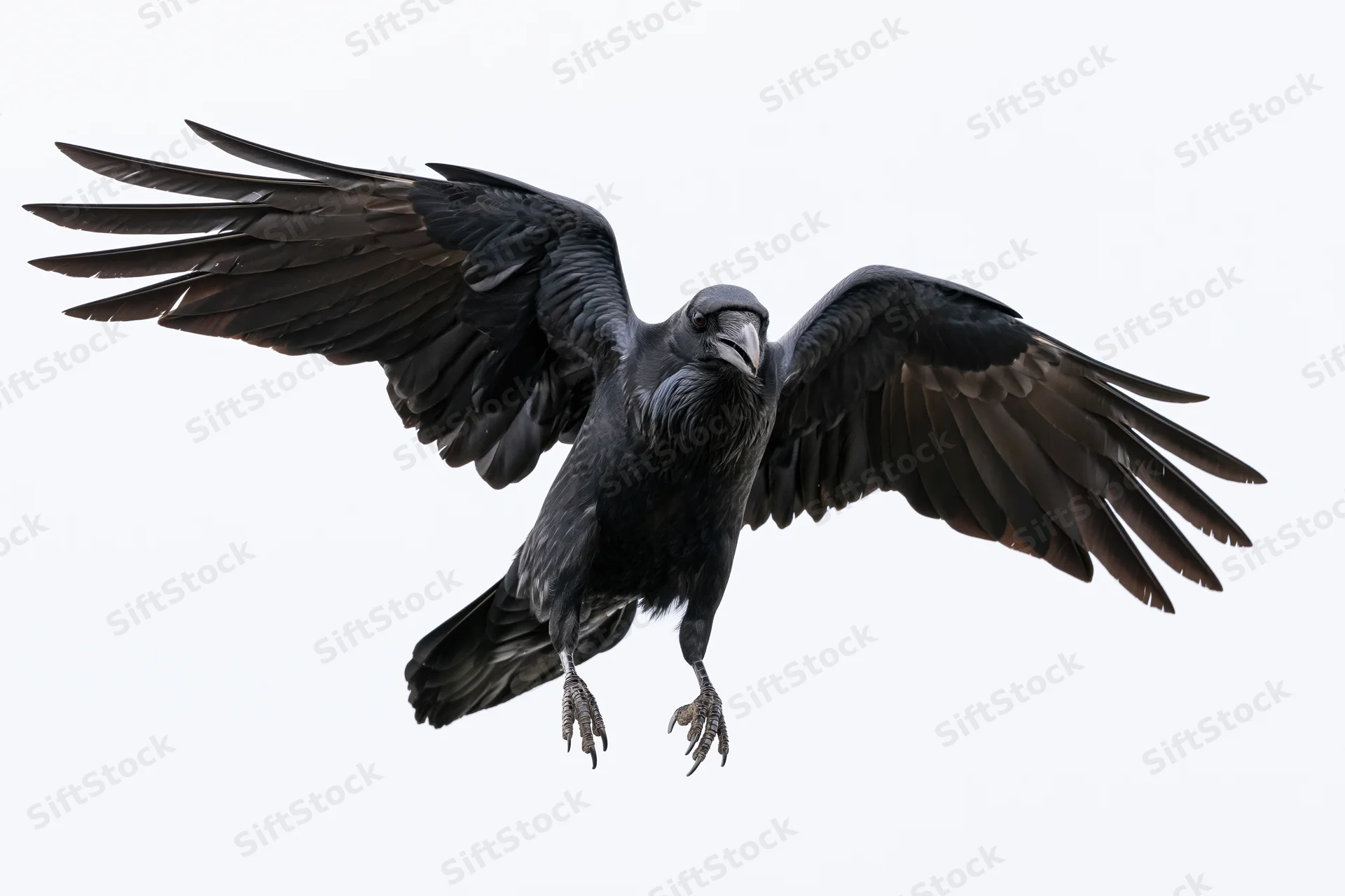 Raven in mid-flight with wings fully spread and talons extended against white background