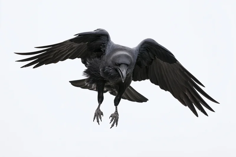 Raven in mid-flight with wings spread and talons extended against white background