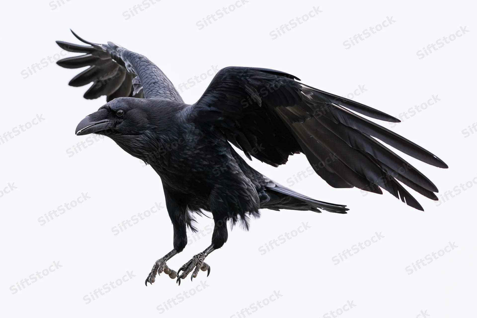 Raven in mid-flight with wings fully spread and talons extended against white background