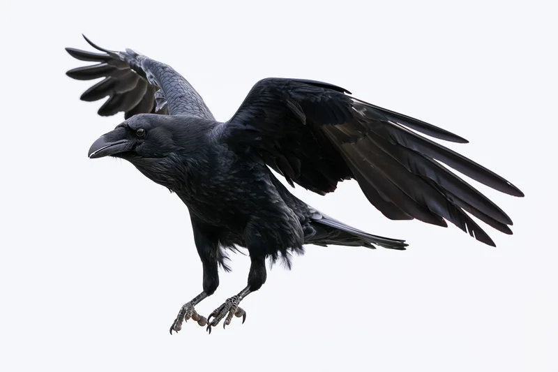 Raven in mid-flight with wings fully spread and talons extended against white background
