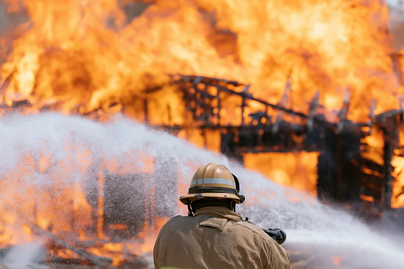 Firefighter from behind spraying water at burning structure with flames engulfing building