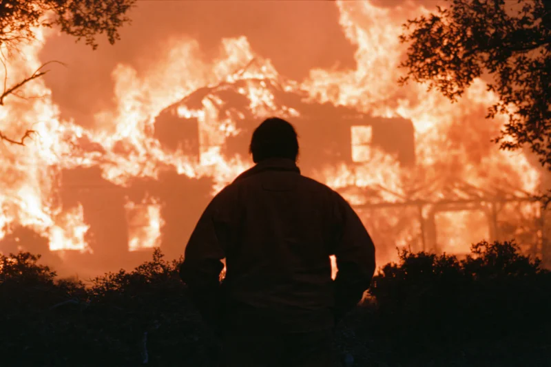 Firefighter in silhouette facing burning house at night