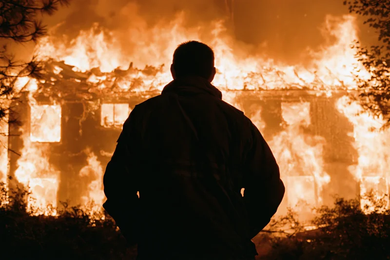 Firefighter in silhouette facing burning house at night