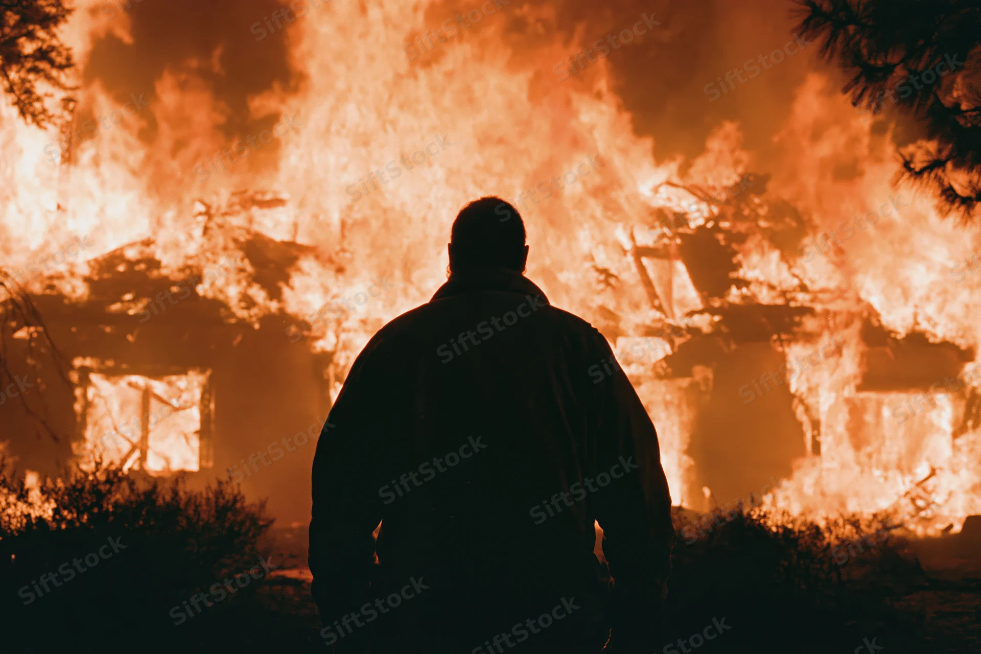 Firefighter in silhouette standing before burning house at night