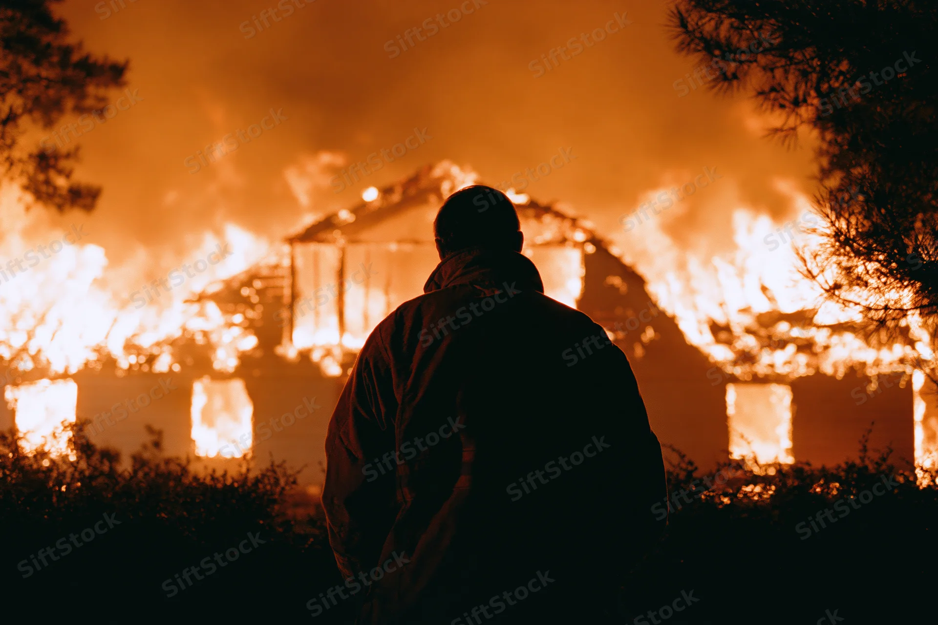 Firefighter in silhouette facing burning house at night