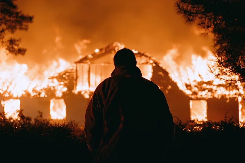 Firefighter in silhouette facing burning house at night