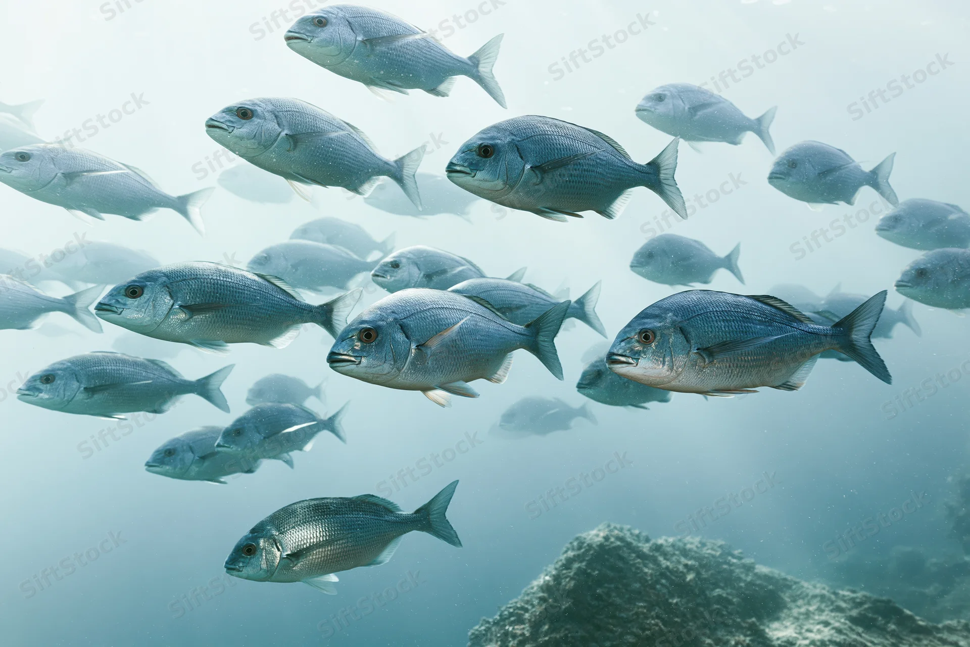 A loose school of silver-grey fish swimming at various depths in clear ocean water near a rocky reef