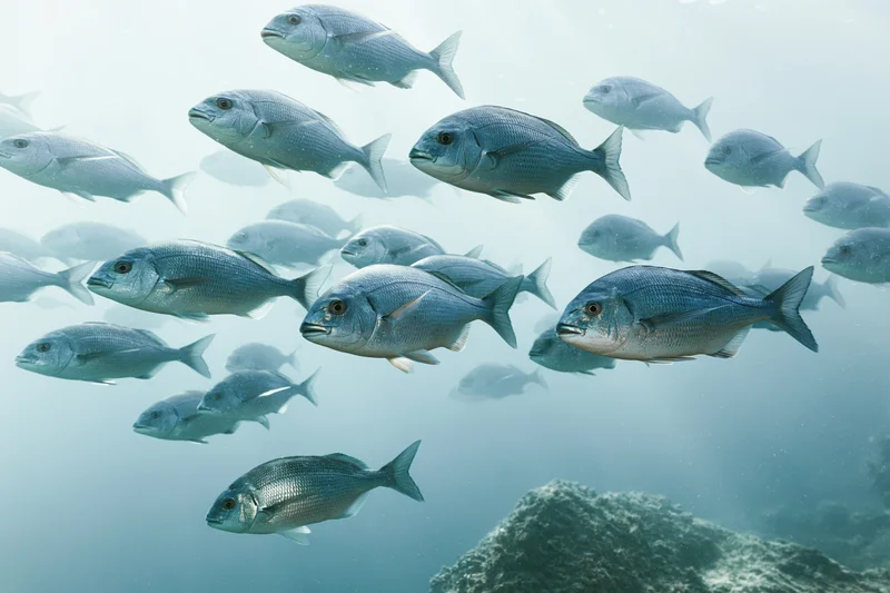 A loose school of silver-grey fish swimming at various depths in clear ocean water near a rocky reef