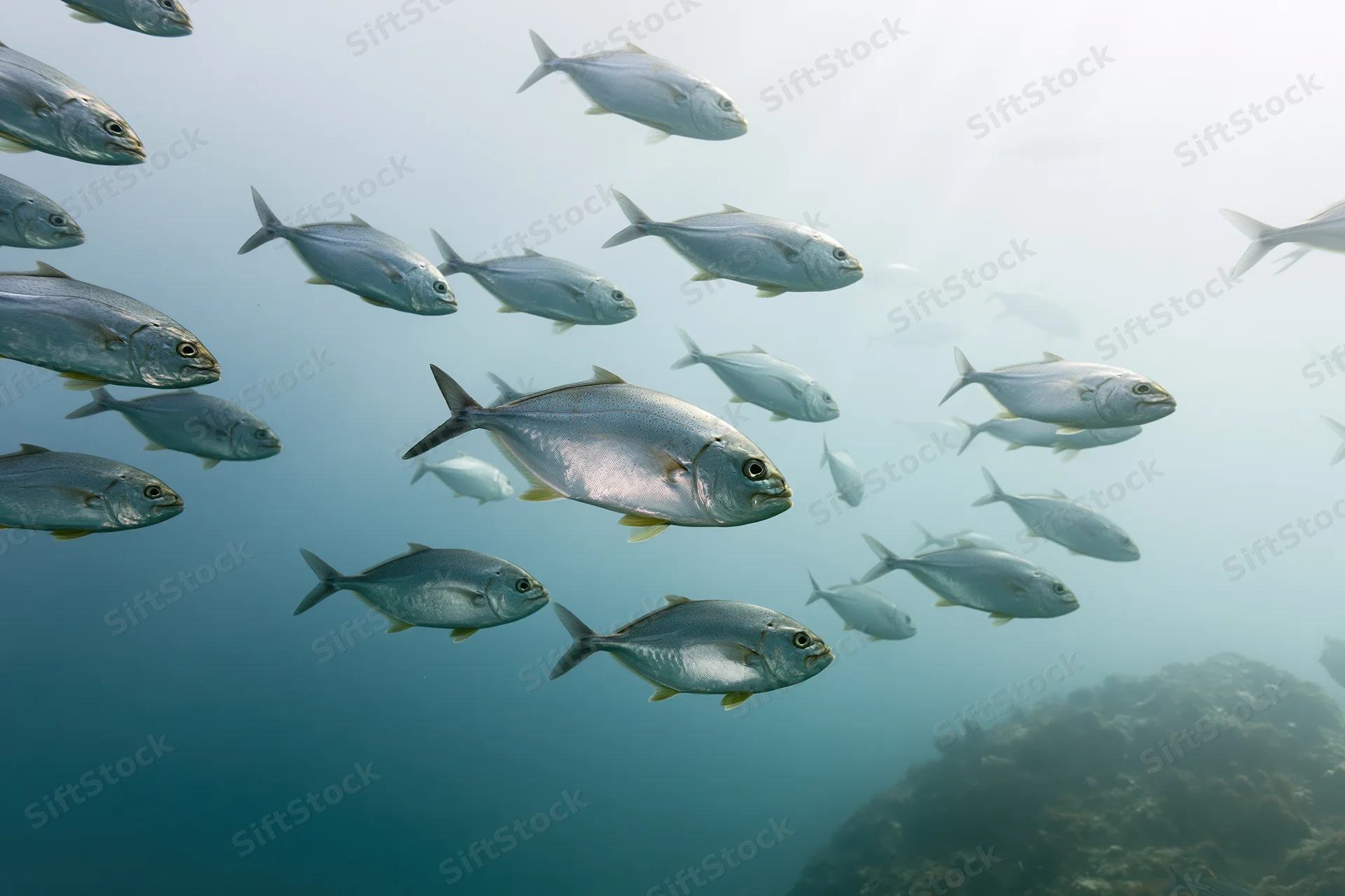 School of silver-grey fish swimming underwater near coral reef