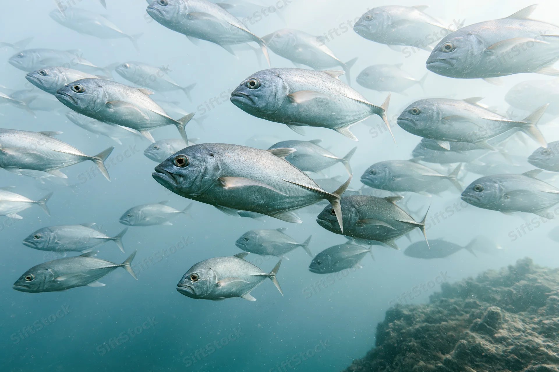 Silver-grey fish swimming in loose school underwater near coral reef