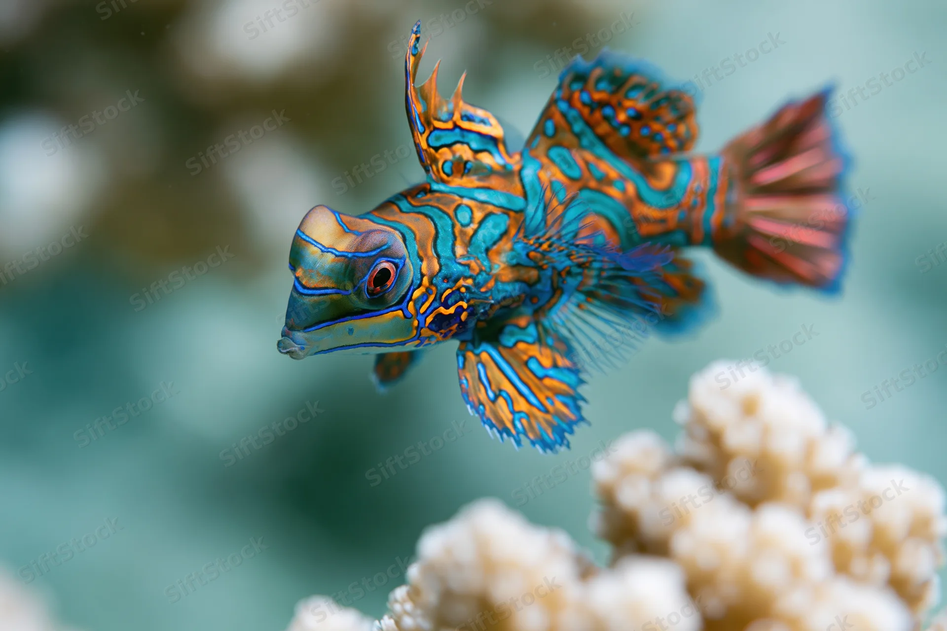 Mandarinfish swimming above coral reef in shallow water
