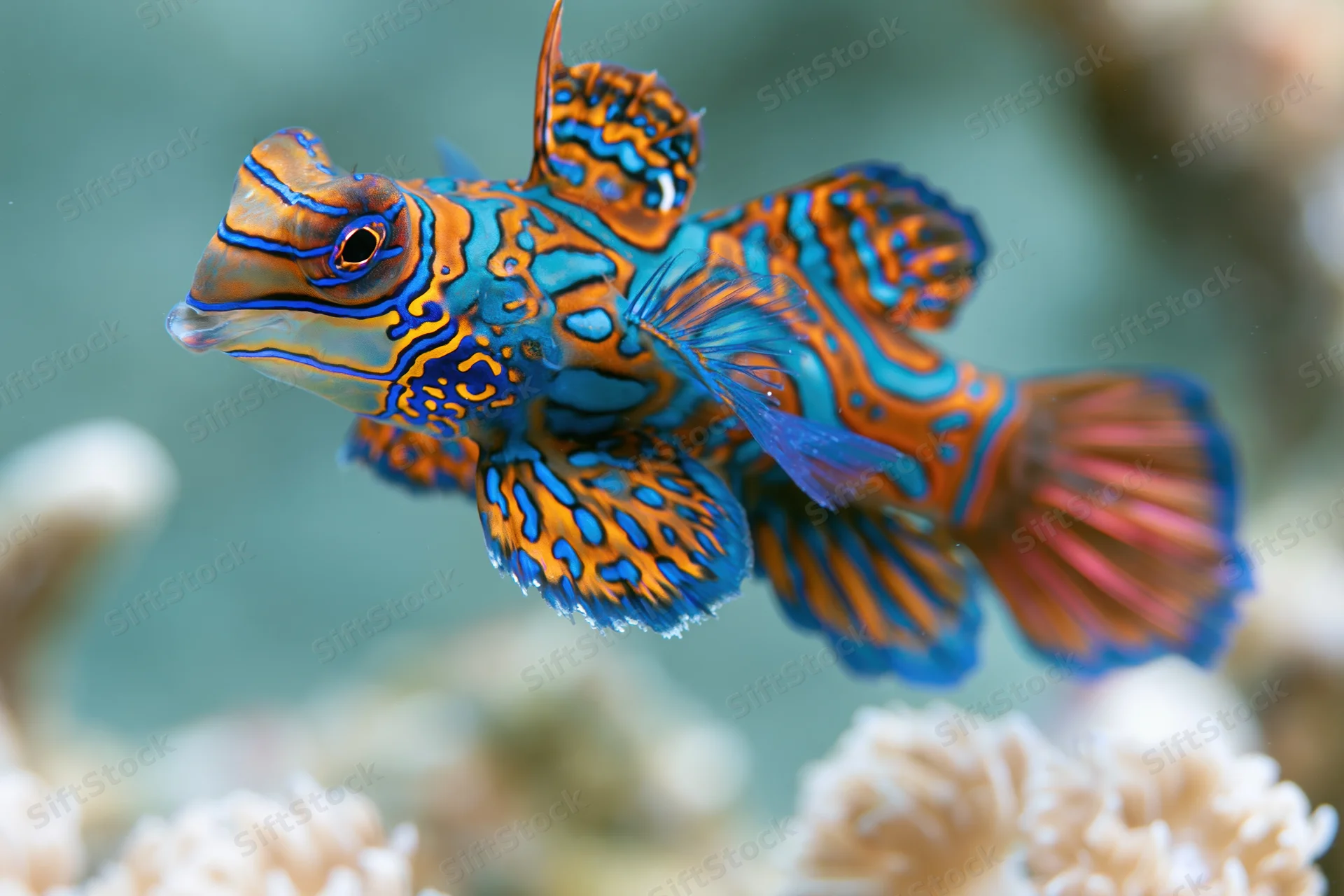 Mandarinfish swimming above coral reef in shallow ocean water