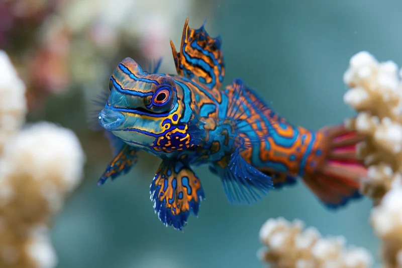 Mandarinfish swimming slowly above coral reef in shallow water