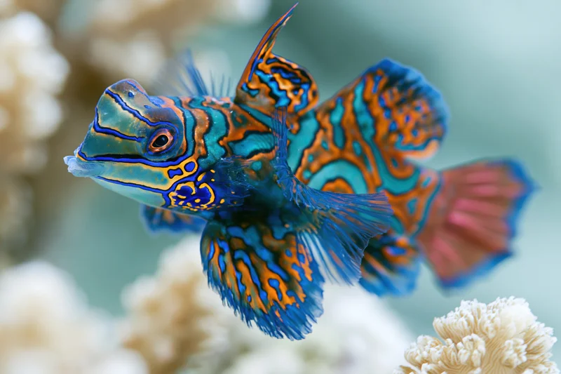 Mandarinfish swimming slowly above coral reef in shallow water