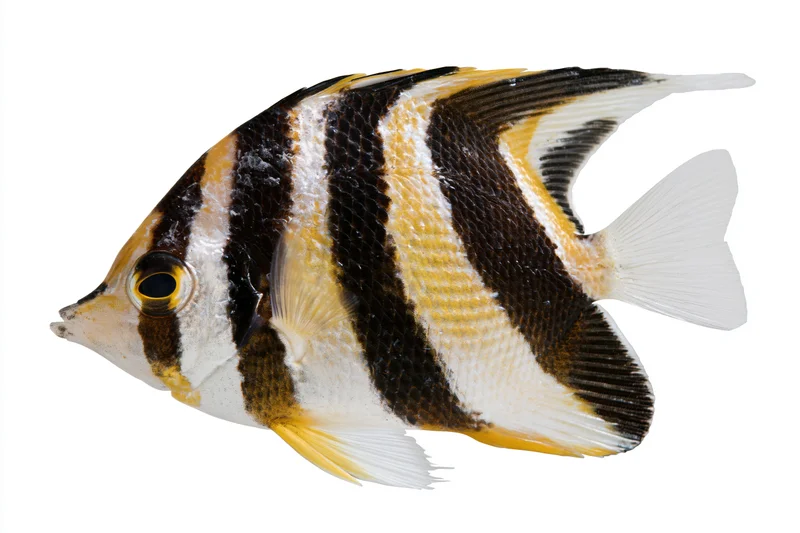 Pennant coralfish in side profile facing left isolated on white background