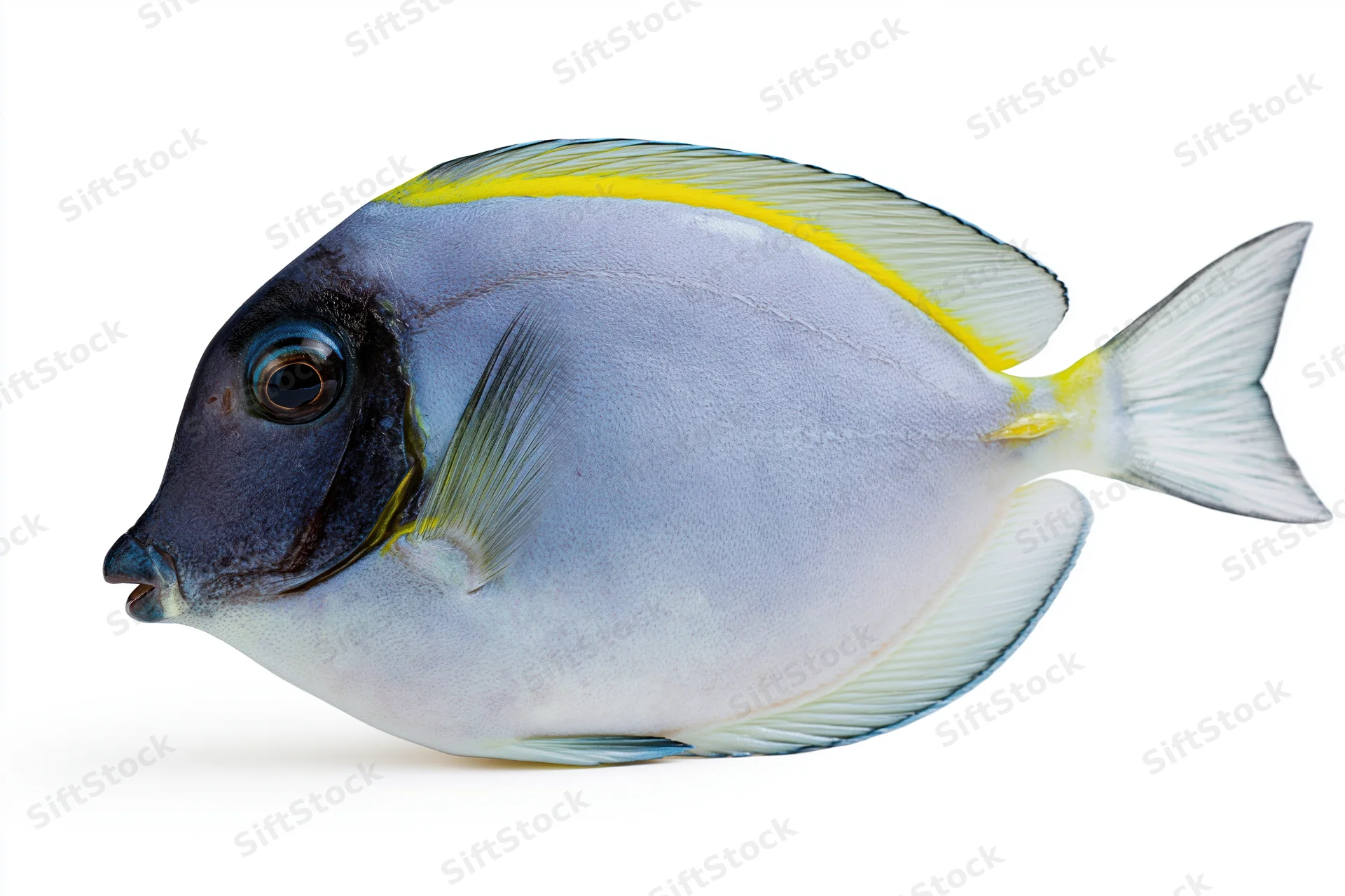 Powder blue tang fish in side profile isolated on white background