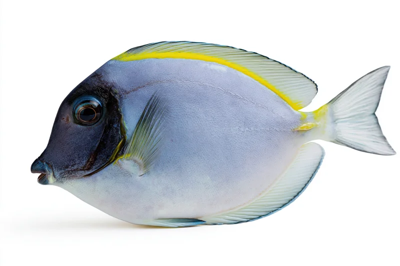 Powder blue tang fish in side profile isolated on white background