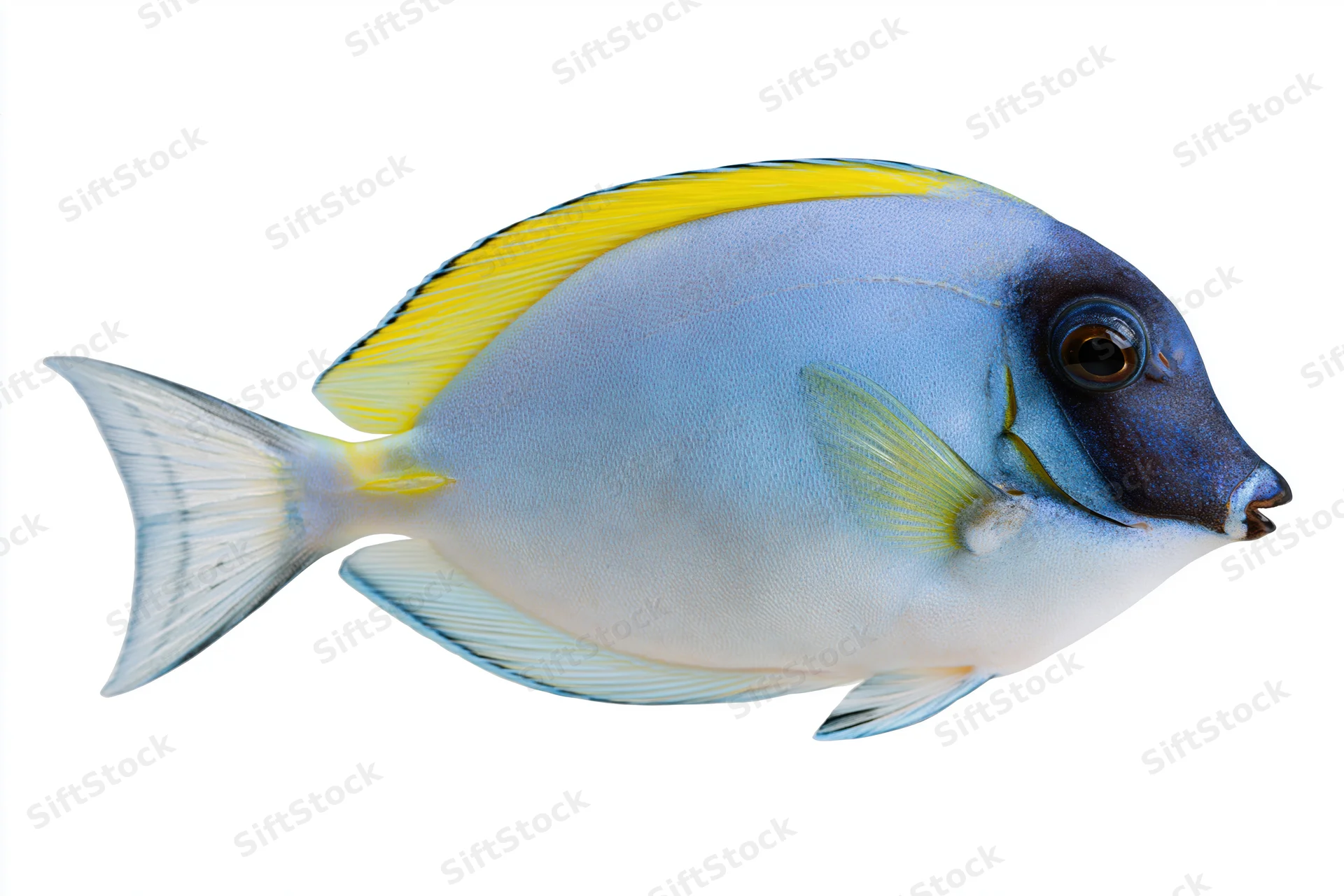Powder blue tang fish swimming isolated against white background