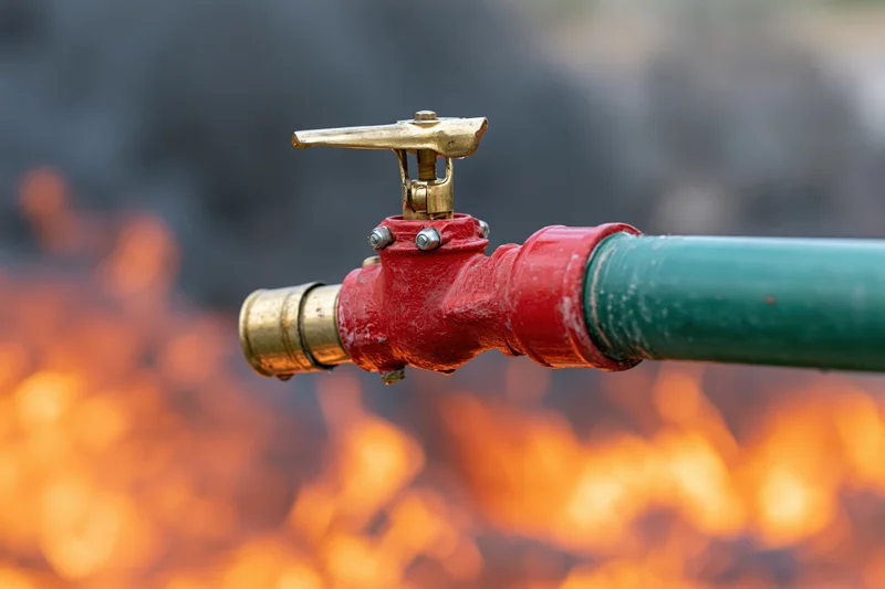 Red and brass fire sprinkler head on green pipe with flames in background