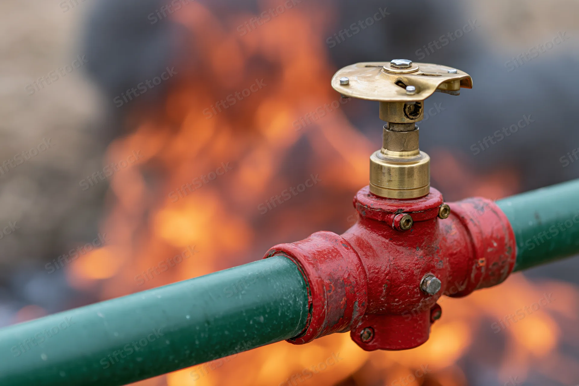 Close-up of a red and brass fire sprinkler head mounted on a green pipe with flames in the background