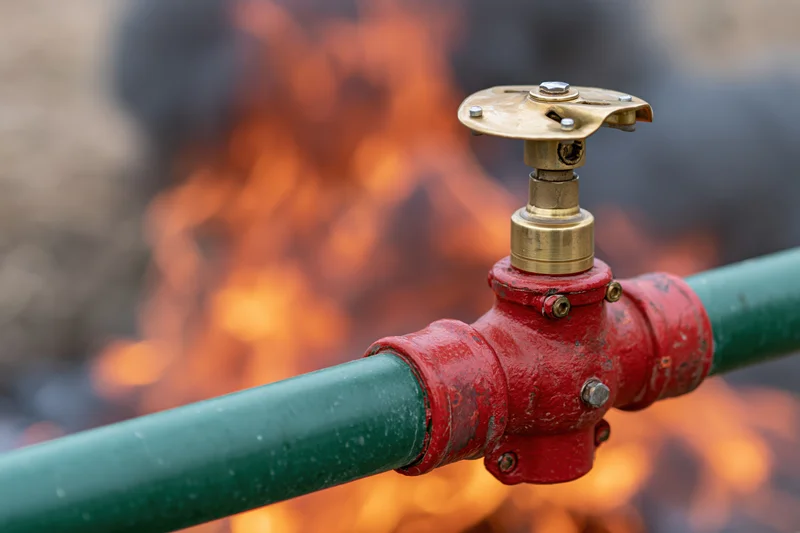 Close-up of a red and brass fire sprinkler head mounted on a green pipe with flames in the background