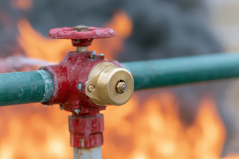 Red brass fire sprinkler head mounted on green pipe with flames in background