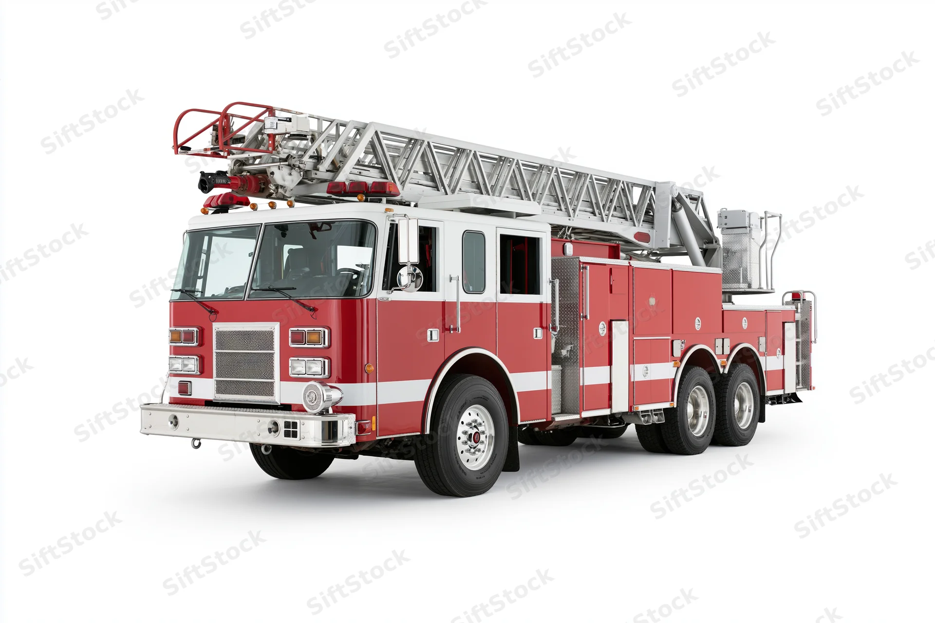 Red and white american ladder fire truck parked stationary on white background