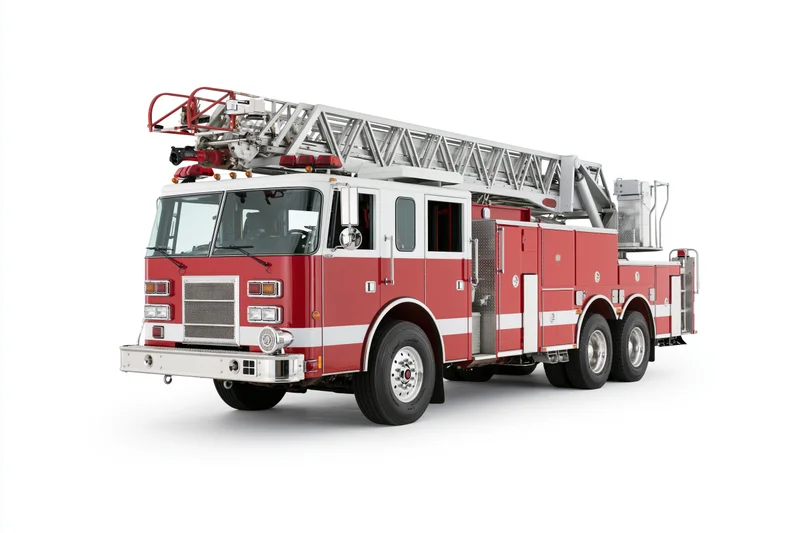 Red and white american ladder fire truck parked stationary on white background