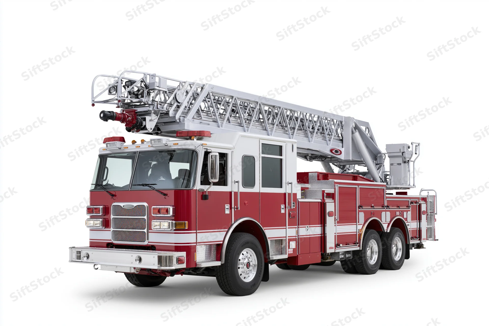 Red and white american ladder fire truck parked stationary on white background