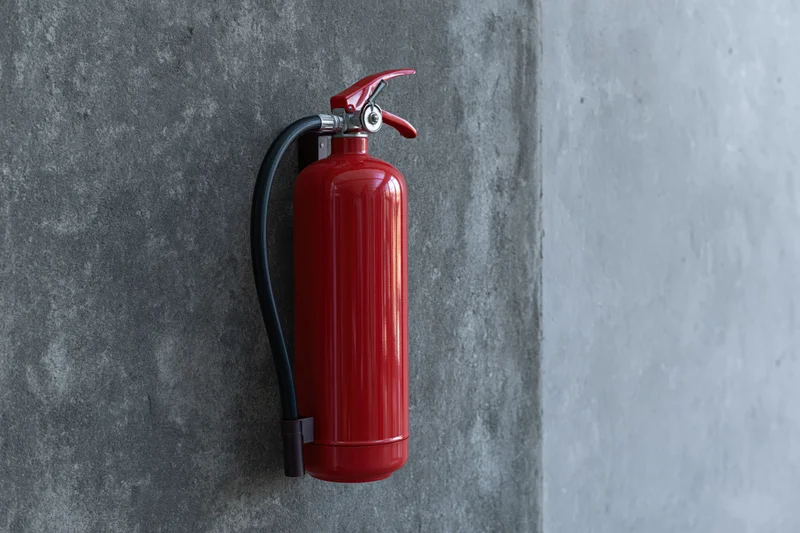 Red fire extinguisher mounted on a rough concrete wall